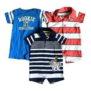 Baby Boys Carters Lot of 3 Graphic Tee Creepers Shortall Rompers - Sz 3 mo